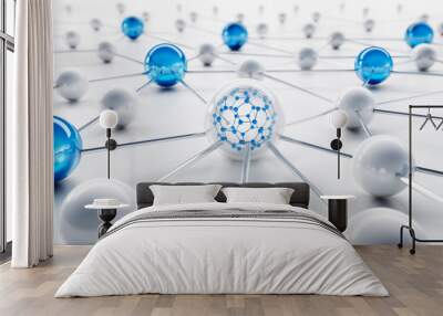 Blue and white sphere network structure - abstract design connection design - 3D illustration	 Wall mural