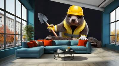 Cute mole with yellow hard hat and working suit in a tunnel Wall mural