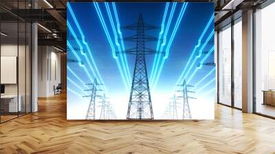 Electricity transmission towers with glowing wires against blue sky - Energy concept Wall mural