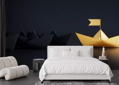 Group of black paper boats with golden leader on dark background	 Wall mural