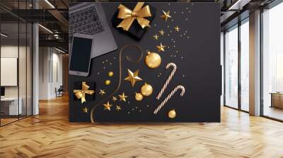 Laptop, smartphone and black gift boxes with golden bows and stars on dark background - 3D illustration Wall mural