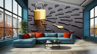 Lock surrounded by black and one golden key - Security concept  Wall mural