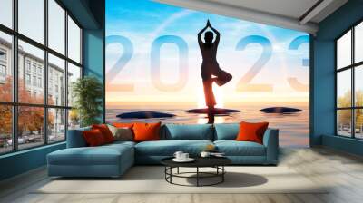 Silhouette of a woman and numbers 2023 concept in sunset sky and sea background
 Wall mural