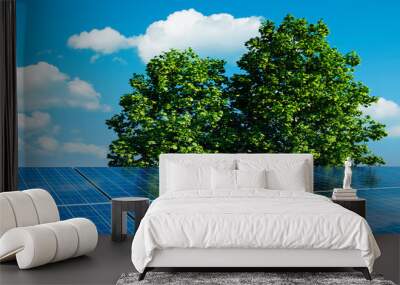 Solar panels with sunny blue sky  in green environment with trees - 3D illustration Wall mural