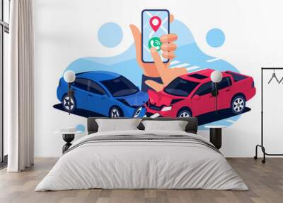 Car crash with urgent phone call. Smartphone in hand calling police help, insurance company. Two damaged vehicles in traffic accident collision on road, crossroad, street. Head-on hit. Isolated vector Wall mural