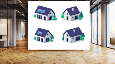 Classic modern family house building icon in 3d view. Residential home property. Contemporary standard suburban village style with gable roof and solar panels. Isolated vector real estate illustration Wall mural