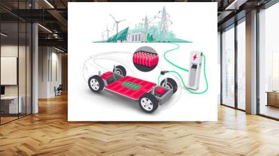 Electric car modular platform board charging battery pack rechargeable cells inside. Electric skateboard module chassis with sustainable renewable solar panel wind energy power generations storage.
 Wall mural