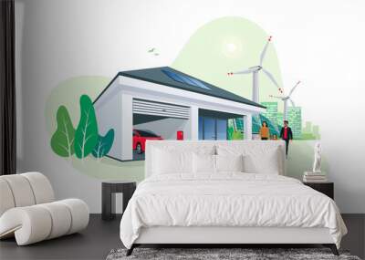 Electric car parking charging at smart house garage wall box charger station stand at family home. Renewable energy solar panels and wind turbines city skyline in background. Vector illustration.  Wall mural