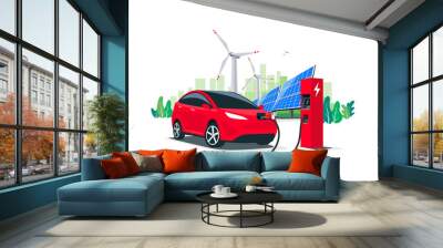 Electric suv car charging at the charger station with a young man holding the cable. Renewable energy wind turbines and solar panels city skyline in background. Isolated vector illustration concept.  Wall mural