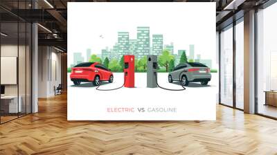 Electric versus gasoline car suv. Electric car charging at charger station vs. fossil car refueling petrol at gas station. Vector illustration with city building skyline isolated on white background. Wall mural