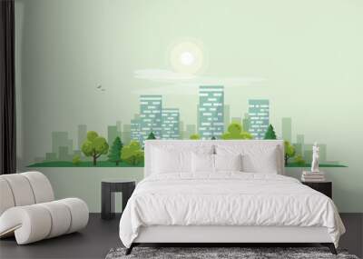 flat vector illustration of urban road landscape street with city office house buildings and green t Wall mural