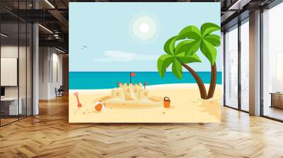 Lonely sand castle on sandy beach with palm tree and blue sea ocean coast line. Clear summer sunny sky in background. Kid toys left near sandcastle on holiday. Cartoon style flat vector illustration. Wall mural