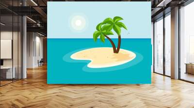 Lonely sandy island with palm tree on beach in middle of blue sea ocean water and summer sunny sky in background. Desert island alone with water around. Minimalist cartoon flat vector illustration. Wall mural