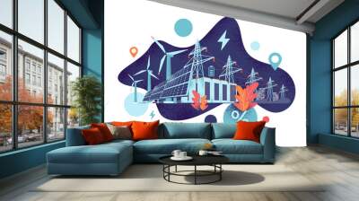 renewable energy smart power grid system concept. modern grain style vector illustration solar panel Wall mural