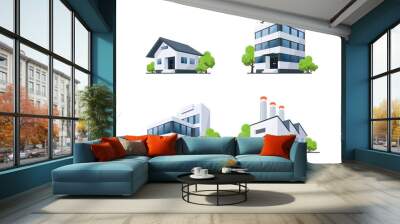 Set of Four Buildings Types Illustration with Trees Wall mural