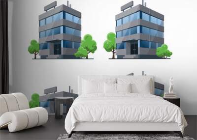 Set of modern office vector building illustrations icons in 3d perspective view with blue glass facade reflections. House, urban shop with green trees in cartoon style. Isolated on white background. Wall mural