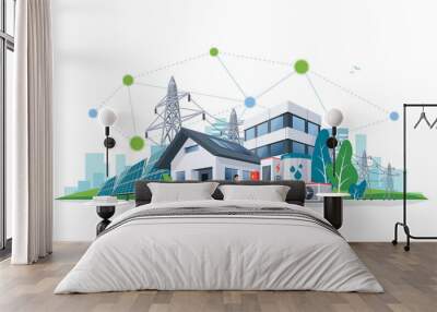 Smart renewable energy heat power network system. Off-grid building city battery storage sustainable electrification. Electric car charging with solar panels, wind, high voltage power grid and city. Wall mural