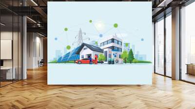 Smart renewable energy power grid system. Off-grid building city battery storage sustainable island electrification. Electric car charging with solar panels, wind, high voltage power grid and city.  Wall mural