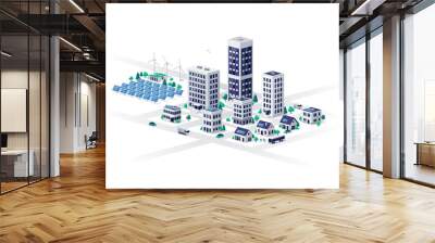 Smart sustainable modern eco city with commercial residential buildings and renewable solar wind power plant with battery energy storage. Family houses, work offices and business center skyscrapers. Wall mural