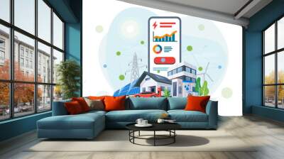 Smartphone with electricity energy control usage monitoring app. Sustainable renewable power plant system storage station with electric car charging solar panels, wind, high voltage power grid city. Wall mural