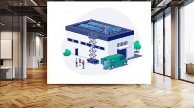 Solar panels installation on industry logistics center building flat roof. Construction technician workers connecting the renewable energy system. Clean electricity production. Vector illustration. Wall mural