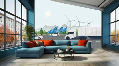 Urban Landscape Street Road with Electric Cars and Semi Truck Wall mural