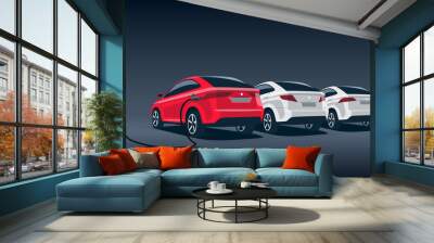 Vector illustration of a luxury red electric car suv charging at the charger station during night time low demand electricity. Other white cars parked behind along the road with a walking man.  Wall mural