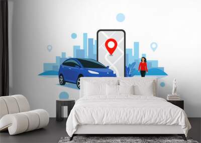 Vector illustration of autonomous online car sharing service controlled via smartphone app. Phone with location mark and smart car with modern city skyline. Isolated connected vehicle remote parking.  Wall mural