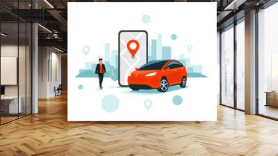 Vector illustration of autonomous online car sharing service controlled via smartphone app. Phone with location mark and smart car with modern city skyline. Isolated connected vehicle remote parking.  Wall mural