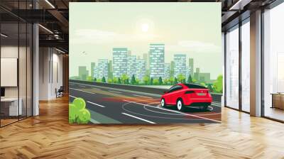 Vector illustration of smart autonomous driverless electric car driving on highway to downtown. Radar sensors scanning distance. Empty road traffic with city skyline riverside in background. Wall mural