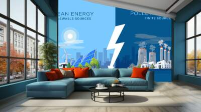 Vector illustration showing clean and polluting electricity generation production. Polluting fossil thermal coal and nuclear power plants versus clean solar panels and wind turbines renewable energy. Wall mural