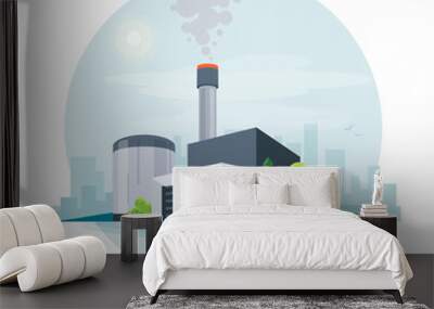 Waste-to-energy power plant station. Facility that combusts garbage to produce electricity. Modern trash-to-energy municipal waste incinerator factory generation. Isolated vector illustration on white Wall mural