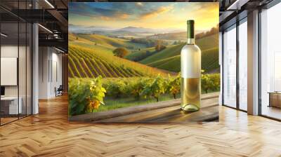 A bottle of white wine against a background of a vineyard. Wall mural