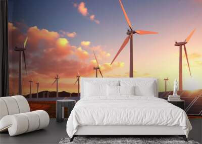 alternative energy sources. solar panels and wind turbines at sunset. Generative Ai Wall mural