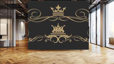 calligraphic design elements in royal style: borders, rotate, scroll for graphic design, gold on black background, vector set Wall mural