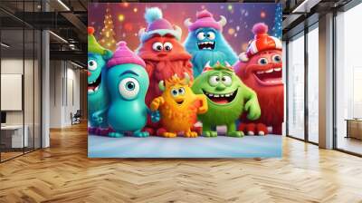 COLORFUL CHRISTMAS CARD WITH HAPPY, FUNNY, CARTOON MONSTERS, legal AI Wall mural