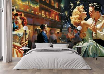 dance party, beautiful women and men dancing in pairs. illustrations in retro fifties style. Generative Ai Wall mural