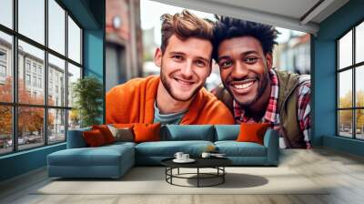 happy gay couple. two young men smile for a picture . Generative Ai.  Wall mural