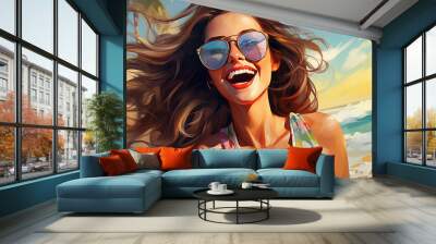 happy smiling woman in glasses with flowing hair on the beach on a sunny day, colorful illustration. Generative Ai.  Wall mural