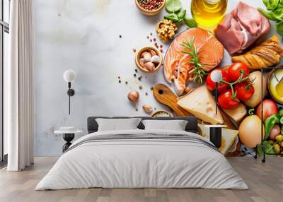 Keto Diet - Healthy Food, Diet Lunch Concept. Salmon Steak, Beef, Beans, Nuts, Vegetables and Oil. Horizontal Image, Top View. Wall mural