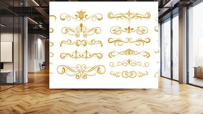 Set of hand drawn gold design elements. Calligraphic ornament. Gold isolated elements on a white background. Borders, curls, curls and dividers for your design. Royal style. Vector graphics Wall mural