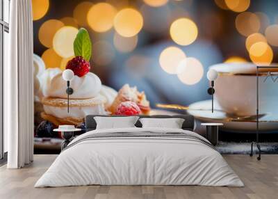 Still life with desserts, cupcakes, coffee, chocolate - Christmas mood. Wall mural