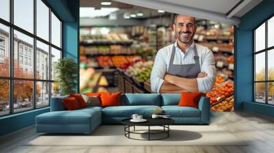 SUCCESSFUL CONFIDENT SMILING SUPERMARKET OWNER IN THE SALES AREA AMONG THE PRODUCTS FOR SALE. HORIZONTAL IMAGE. image created by legal AI Wall mural