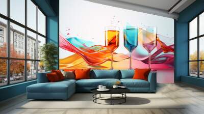 three glasses with cocktails against the background of a multi-colored splash of waves. Generative Ai.  Wall mural