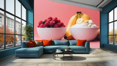 two bowls of yogurt, raspberries and bananas, still life. Generative Ai Wall mural