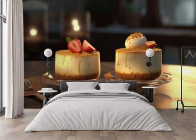 vanilla cheesecakes. two cheesecakes on a plate with a spoon. Generative Ai Wall mural