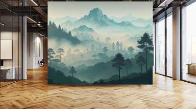 Watercolor and ink illustration of Chinese landscape Wall mural