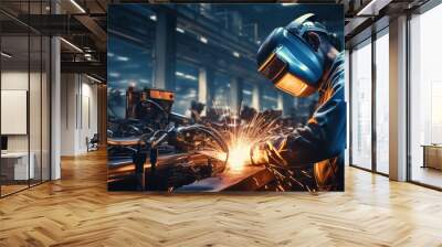 welder in a protective mask welds steel parts. Generative Ai. Wall mural