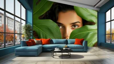 WOMAN WITH TROPICAL LEAF. image created by legal AI Wall mural