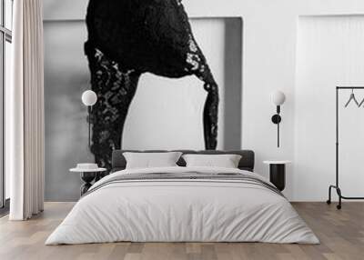 Black bra hanged over white bed. Romantic moment before... Wall mural